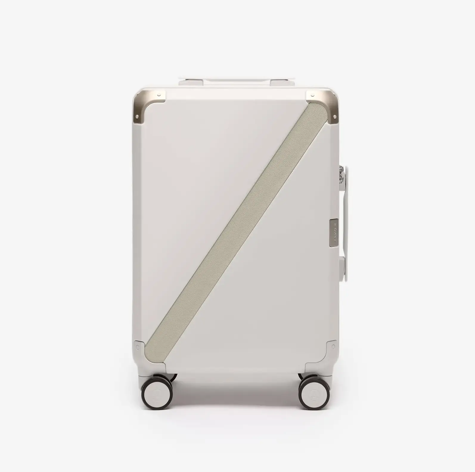 Beige hard shell carry-on suitcase, The Cabin Trunk Essential by Armoir, front view