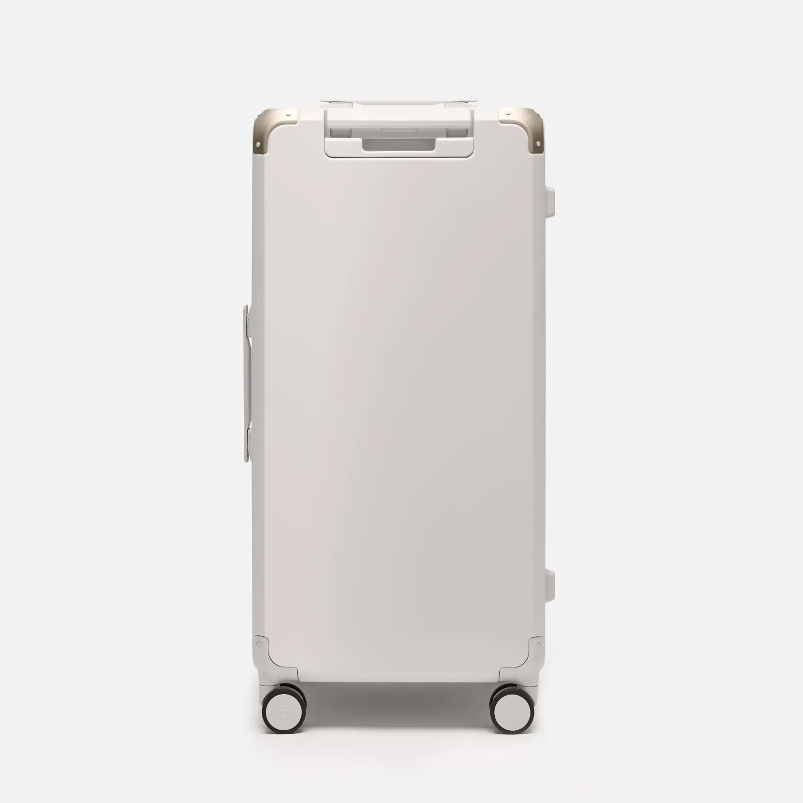 Beige hard shell checked suitcase, The Large Trunk Essential by Armoir, rear angle view